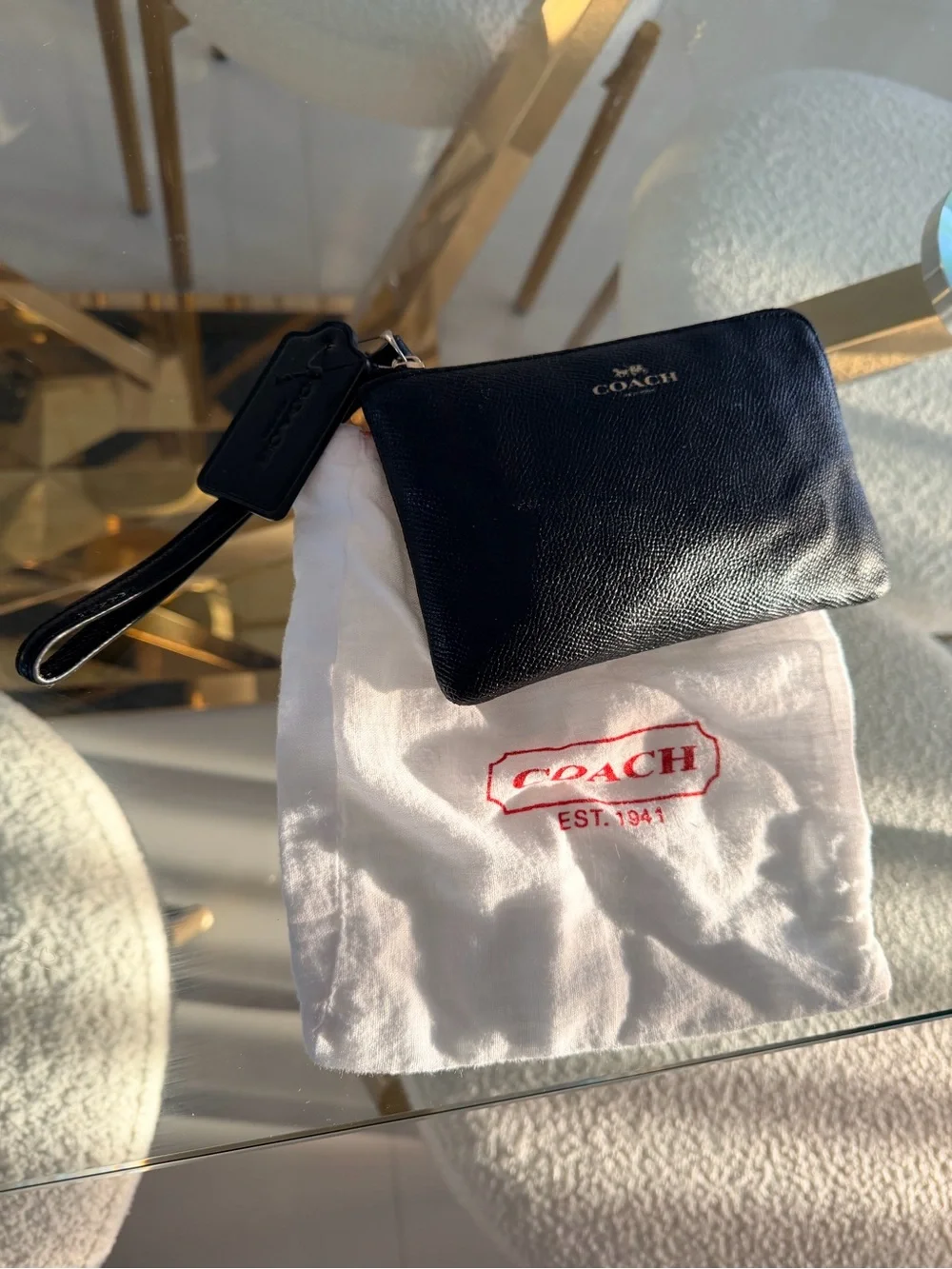 Coach Black Leather Wristlet with Gold Logo